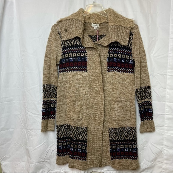 Umgee New Long Cardigan Sweater Tan W/Tribal Block design Cool Collar Sz.Small - Picture 2 of 8